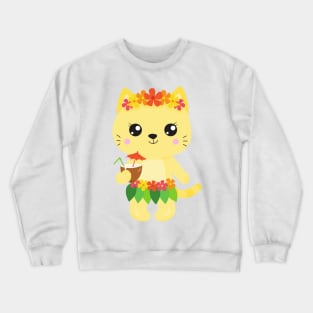 Hawaii Cat, Cute Cat, Yellow Cat, Flowers, Luau Crewneck Sweatshirt